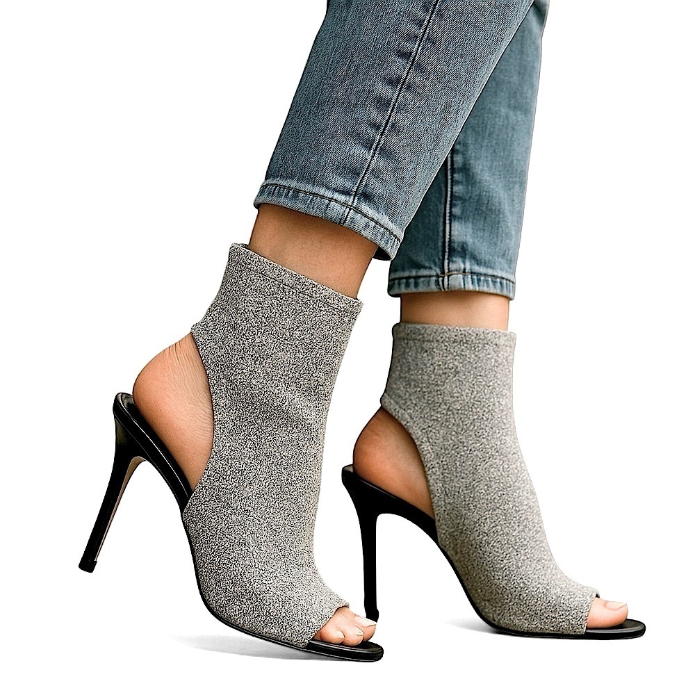 Silver Metallic Knit Sock Ankle Bootie Peep Toe High Heel Size 6… FESTIVE